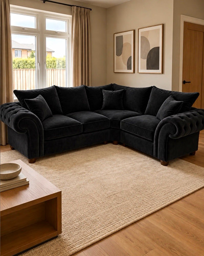 Black plush corner sofa - black,